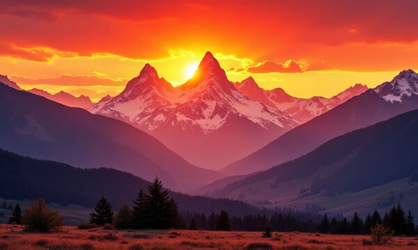 Fiery sunset behind snow-capped mountain peaks and pine forest