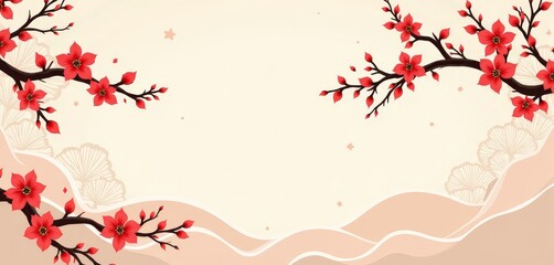 Naklejka premium Floral Elegance: Red Blossoms on Branches with Waves and Fans Artwork