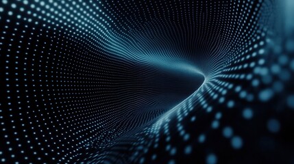 Obraz premium Vector Illustration of Hi-Tech Concept with Blue Dots and Lines on Black Background, Particle Wave Motion, Digital Technology Banner, Sound Equalizer, and Music Waves. 8K Resolution