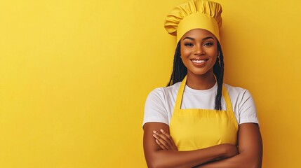 Happy Female Chef Wearing Yellow Apron and Hat Smiling Confidently Professional Cook Culinary Food Preparation Restaurant Kitchen Uniform Culinary    