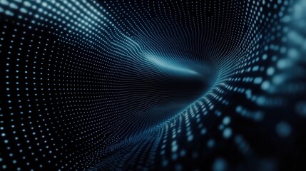 Obraz premium Vector Illustration of Hi-Tech Concept with Blue Dots and Lines on Black Background, Particle Wave Motion, Digital Technology Banner, Sound Equalizer, and Music Waves. 8K Resolution