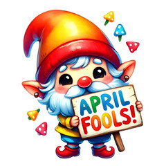 Playful gnome holding a sign that says “April Fools’!” in colorful letters
