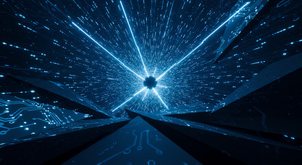 Futuristic Tech Tunnel: Blue Data Stream, Circuit Board Design, Innovation, Technology, Digital Abstract Background