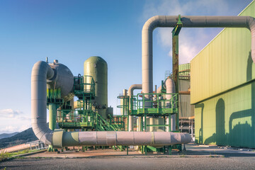 Geothermal energy. Pipelines of a plant in Larderello, Tuscany region, Italy
