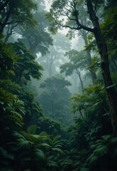 Fototapeta premium A misty rainforest with towering trees covered in lush green foliage, raindrops falling gently, creating a serene, foggy atmosphere with vibrant jungle textures Generative AI