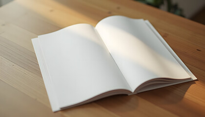 Open blank notebook on a wooden table with soft sunlight 

