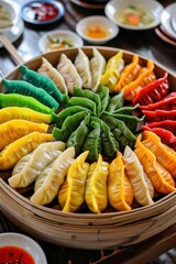 Vibrant assortment of colorful dumplings arranged in a basket ready for sharing and tasting at a festive gathering