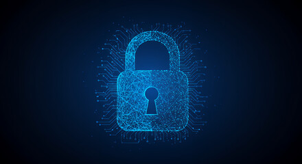 Digital Security: Cyber Lock Icon on Tech Circuit Background - Data Protection, Encryption, Network Safety, Privacy