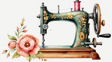 Watercolor Sewing Machine with Roses Vintage Design in Green and Gold