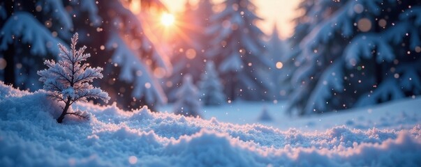 Softly glowing snowflakes fall gently on a serene winter landscape, snow, soft glow, peaceful