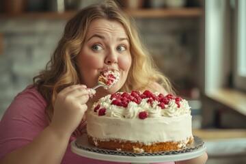 Woman Enjoying Delicious Raspberry Cake