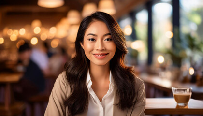 Portrait of a young woman with long dark hair, wearing a brown outfit, sitting in a cozy cafe with warm lighting and blurred background.