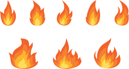 The flame of the campfire burns red. Collection of signs of danger of ignition of a forest fire facility. Bright cartoon fire drawing. An orange flammable sign isolated on a white background. Vector