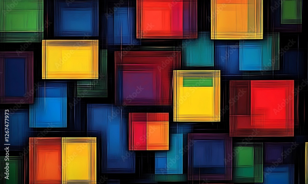 Fototapete Abstract colorful pattern with overlapping rectangles and squares on a dark background arranged in an overlapping pattern against a dark background.

