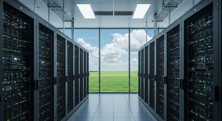Server Room Oasis: High-Tech Data Center Meets Nature's Calm - Cloud, Computing, Infrastructure, and Connectivity