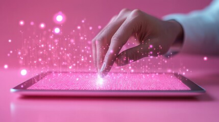 Close up of businessman hand using tablet with abstract coding and digital web hologram on pink background. Technology, device and innovation concept
