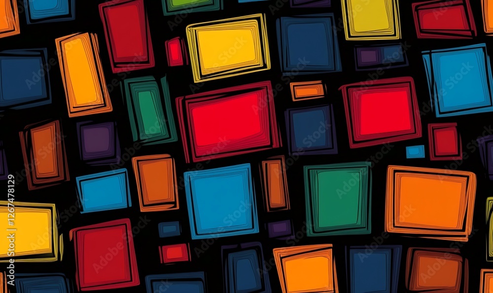 Fototapete Abstract colorful pattern with overlapping rectangles and squares on a dark background arranged in an overlapping pattern against a dark background.

