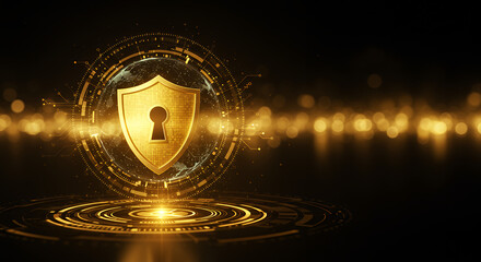 ** Golden Shield Security: Cyber Protection, Data Safety, and Digital Privacy Technology Concept