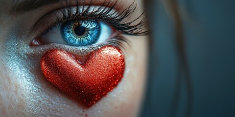 Eye with sparkling red heart decoration captures attention and expresses emotion in vivid detail