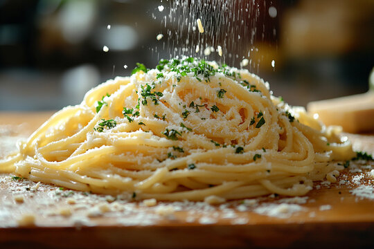 Golden spaghetti cascade with parsley and parmesan shower delight - Powered by Adobe