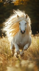 Obraz premium Majestic white horse galloping through a sunlit field on a tranquil autumn day