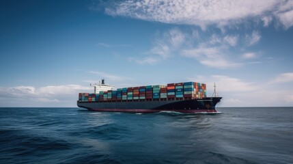 Majestic Cargo Ship Sailing on a Calm Ocean Under a Blue Sky