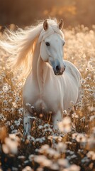 White horse with flowing mane stands gracefully in a sunlit field of wildflowers during golden hour