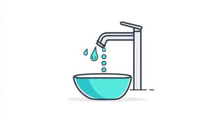 Water dripping from faucet into bowl, simple illustration, plumbing