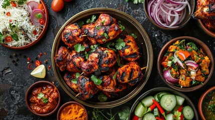 Indian banquet with chicken tikka masala curry, tandoori chicken, and various appetizers on dark concrete background