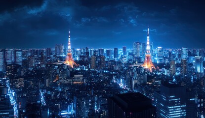 Fototapeta premium Tokyo City Skyline at Night. Aerial view of illuminated skyscrapers and towers. Suitable for travel, tourism, and cityscapes