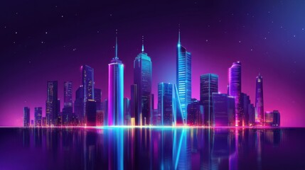 Fototapeta premium Neon Cityscape at Night: A Futuristic Metropolis Reflecting in Calm Waters