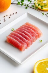 Delicate presentation of fresh tuna slices garnished with orange and herbs on a white plate