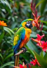 Obraz premium A brightly colored macaw parrot perched on a branch in a lush rainforest, surrounded by exotic flowers