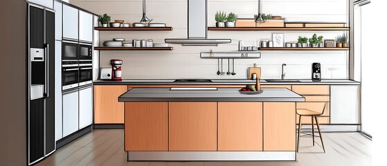 Modern kitchen with sleek design, appliances, and organized shelving for functionality  and warm lighting creates cozy atmosphere

