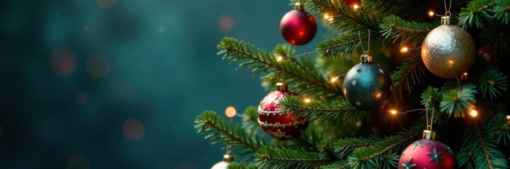 Sparkling baubles and lights adorn a towering evergreen tree, holiday, snowy background, illuminated