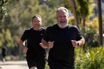 Fototapeta premium Two men jogging in a park, healthy lifestyle, outdoor activity