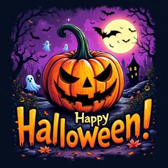 Happy Halloween Cartoon with Ghosts and Bats in Night Sky