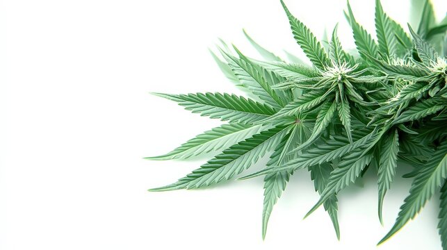 Close-up of vibrant green cannabis leaves arranged artistically on a clean white background (1)