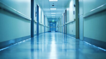 Empty hospital hallway with bright lighting