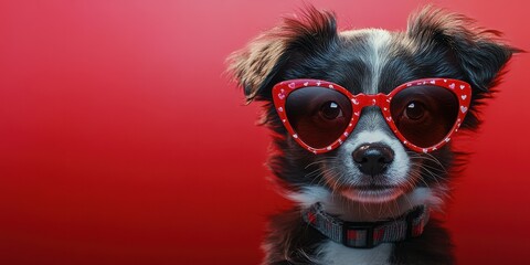 Cute dog wearing heart-shaped sunglasses poses against a vibrant red background