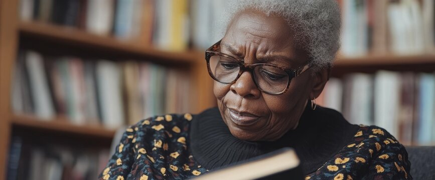 Senior woman reads book in library.  Cozy home background.  Education concept