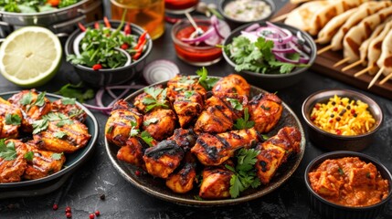 Indian banquet with chicken tikka masala curry, tandoori chicken, and various appetizers on dark concrete background