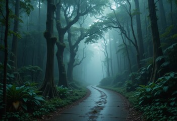 Naklejka premium A winding path through a rainy, fog-covered rainforest, with thick mist and droplets in the air, and light breaking through the tree canopy, creating vibrant colors and deep natural tones