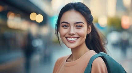 Sideways shot of beautiful woman happy to return after job interview smiles toothily glad to have holidays in foreign city solo vacations wears casual clothes poses against blurred background.