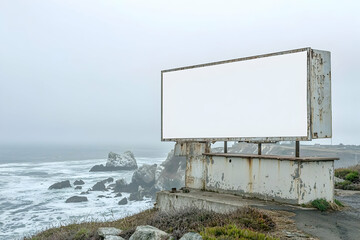 Obraz premium Panoramic view of a blank sign at a coastal lighthouse, with the ocean and rocky shores in the background.