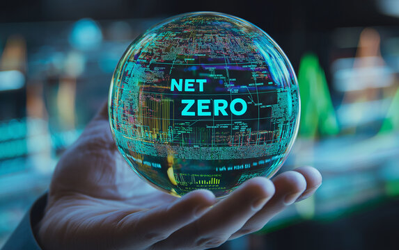 Net zero efficiency neutrality. Corporate sustainability commitment and net zero achievement image.