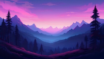 beautiful illustration of mountains forest silhouettes background with copy space