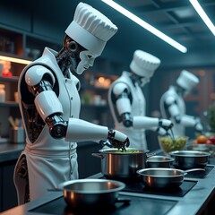 Obraz premium robot chef kitchen robot wearing white chef hat white apron standing front counter several pots pans chef holding ladle appears preparing meal background chefs working kitchen shelves various kitchen