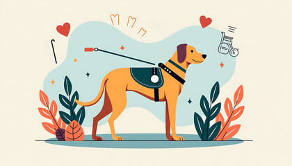 Inclusive guide dog illustration in minimalist and educational style with accessibility icons