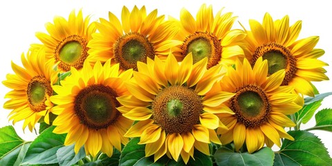 Obraz premium A panoramic bouquet of sunflowers, brilliant yellow petals and verdant leaves, showcased against a crisp white backdrop.